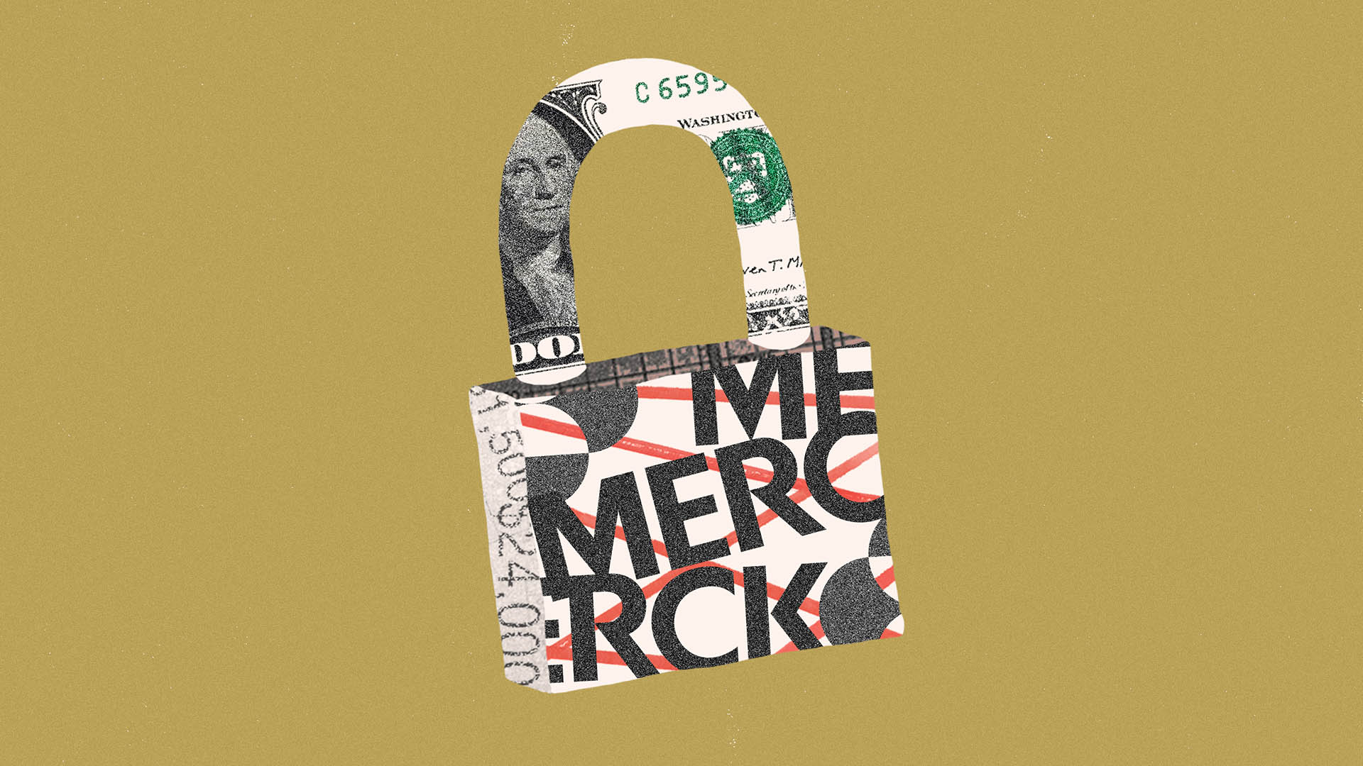 Illustration of a padlock overlaid with the Merck logo and US cash