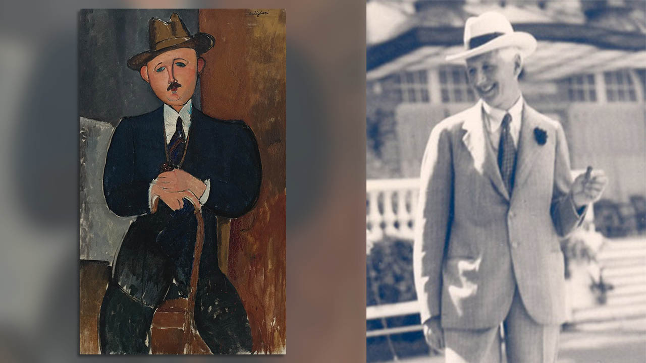 Side by side images showing old painting of Seated Man With a Cane on the left and a black and white photograph of a besuited Oscar Stettiner, right.