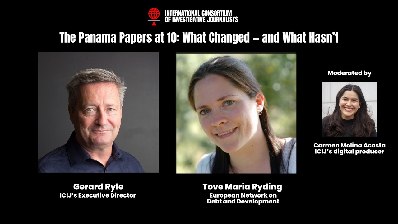 Graphic showing profile photos of panellists Gerard Ryle and Tove Maria Ryding alongside moderator Carmen Molina Acosta.