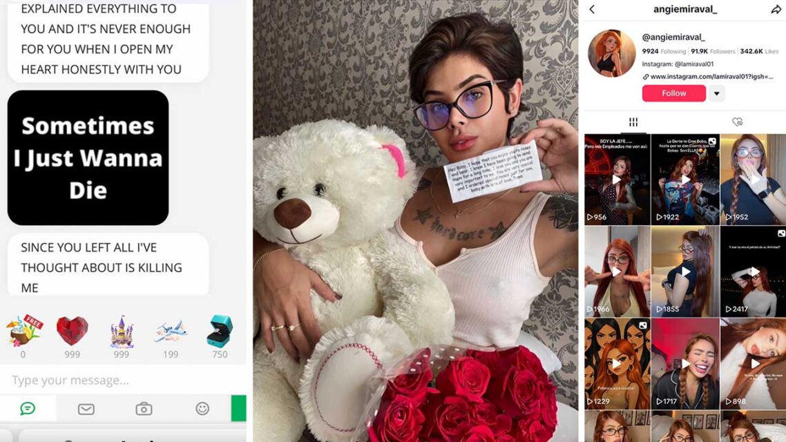 Screenshots of message exchanges, a photo of Patti with a gift of a teddy bear and roses sent from Dana and a screenshot of Angie Miraval's profile page on TikTok.