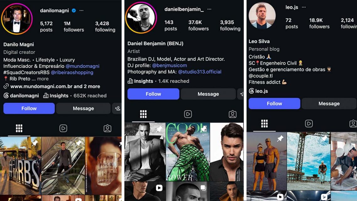 Three screenshots showing Instagram profile pages for Danilo Magni, Daniel Benjamin and Leo Silva.