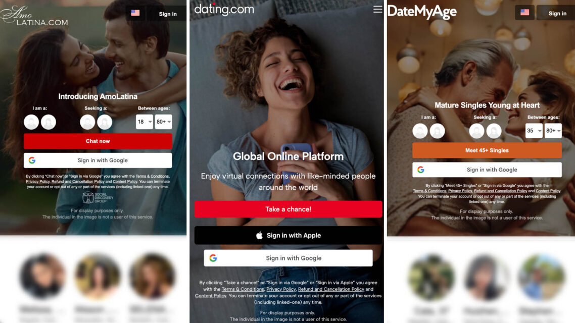 Screenshots of AmoLatina, Dating.com and DateMyAge.com