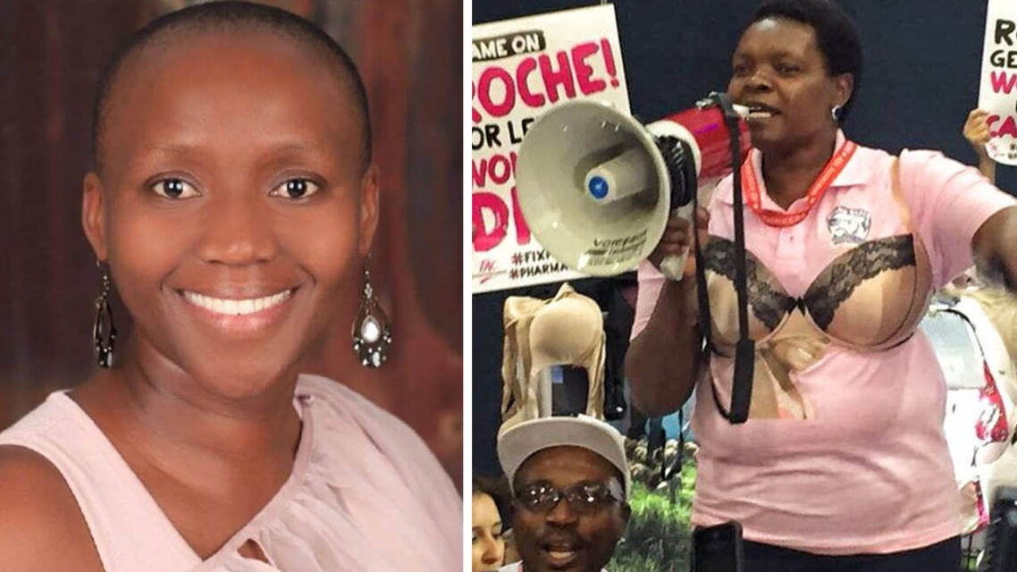 Photo of Babalwa Malgas, left, and Tobeka Daki holding a megaphone at a protest rally, right.