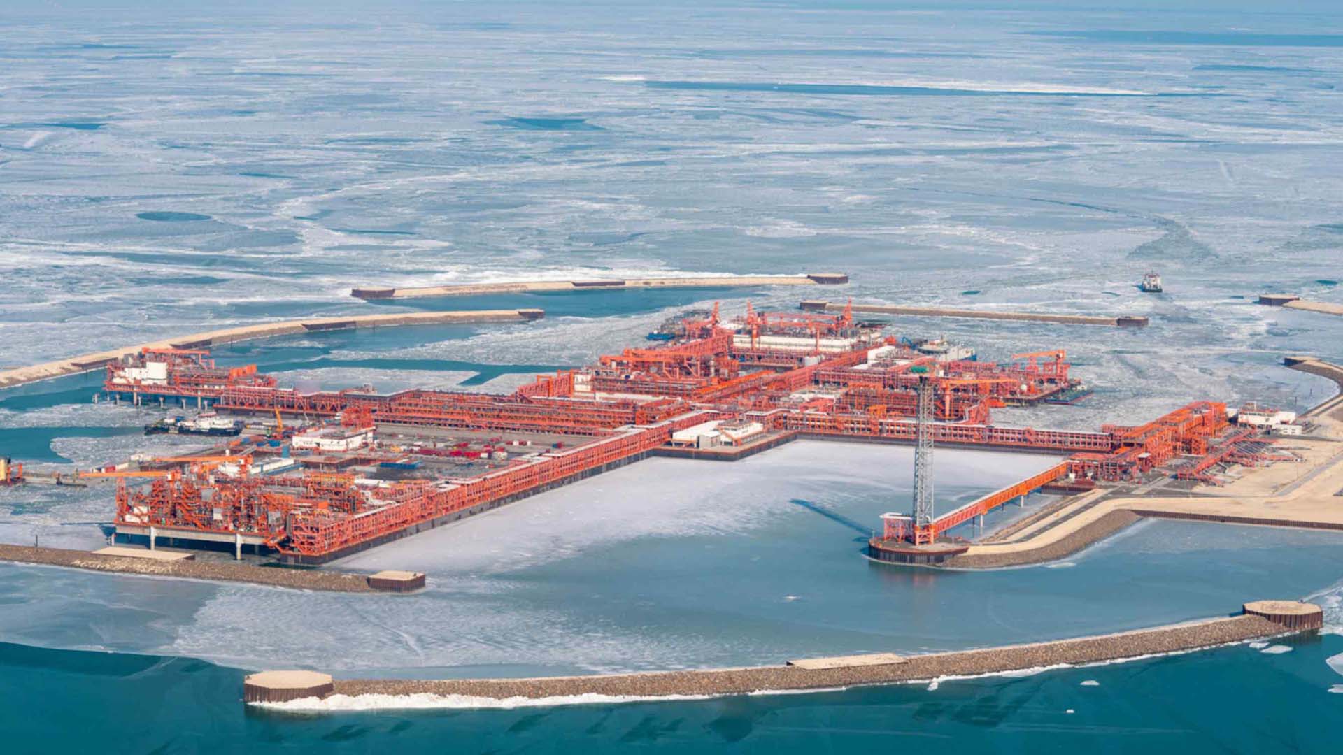 Photo of the offshore Kashagan oil field surrounded by sea ice