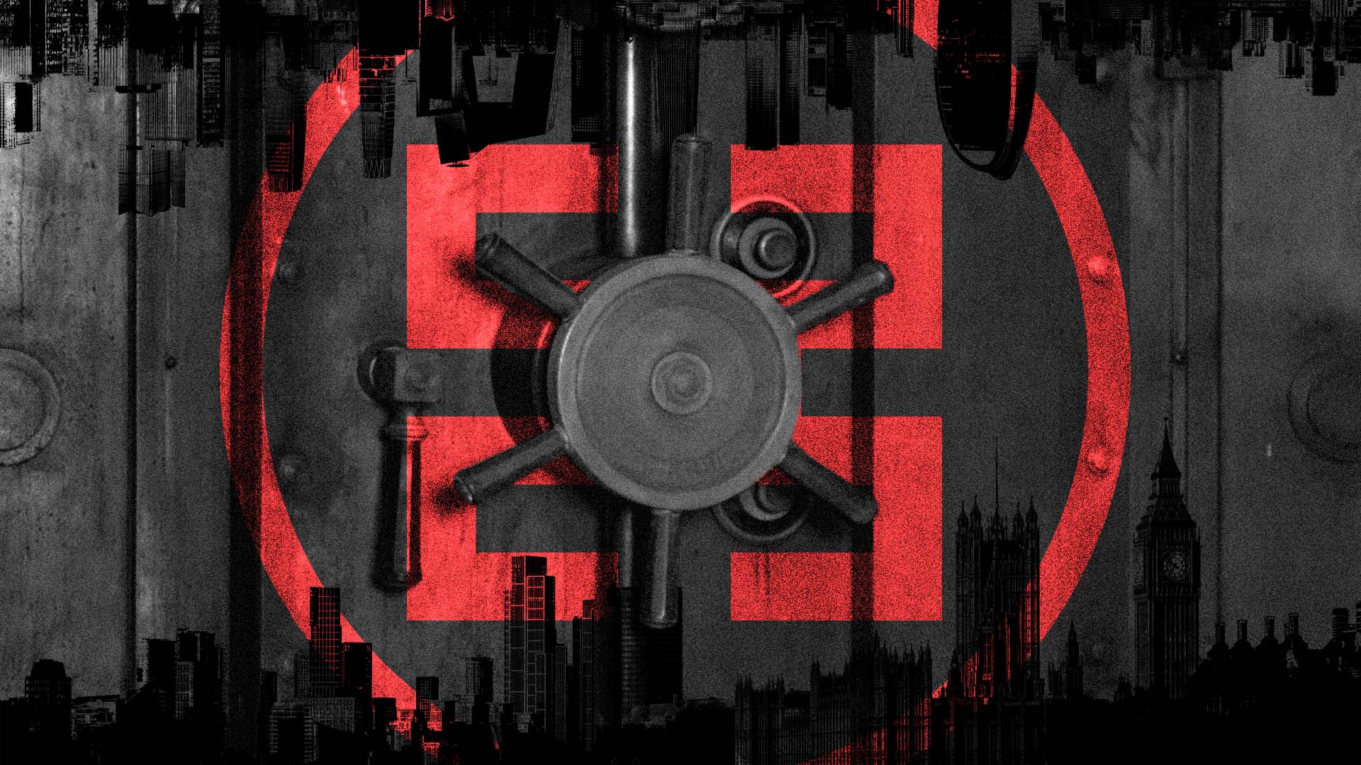 Illustration showing a bank vault with the ICBC logo, with silhouetted London and Beijing city skylines.