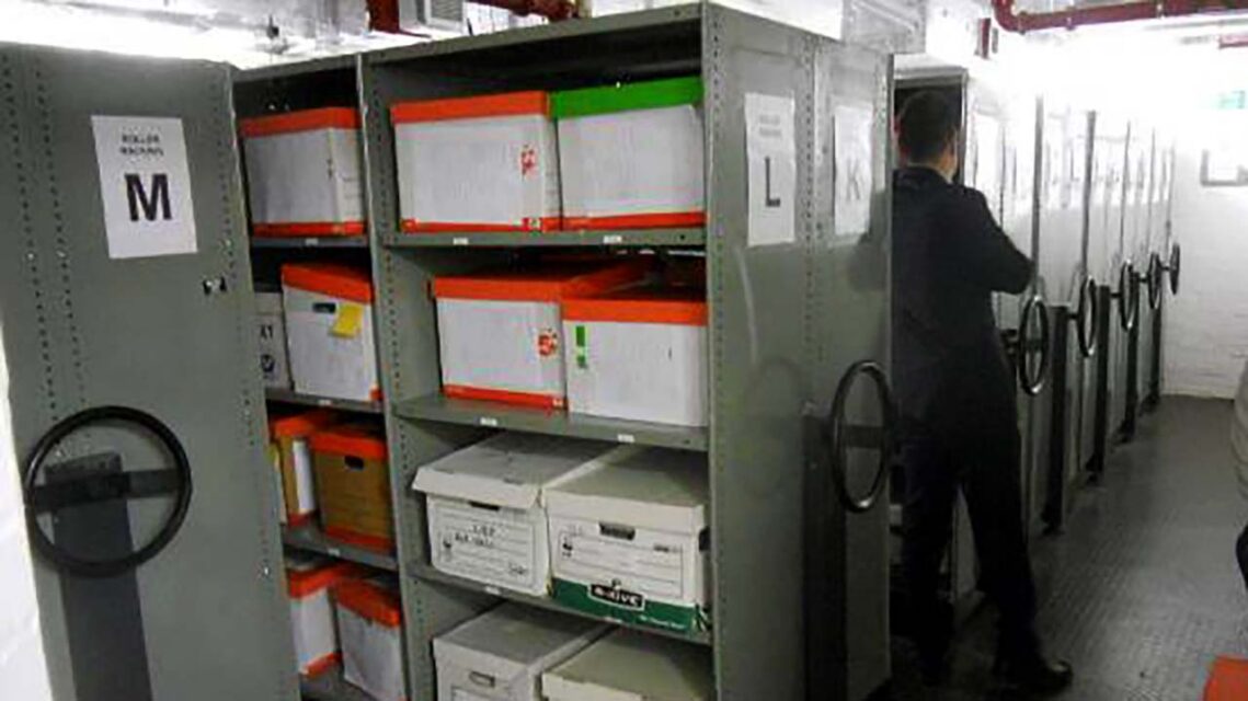 Photo of a filing system inside a bank.