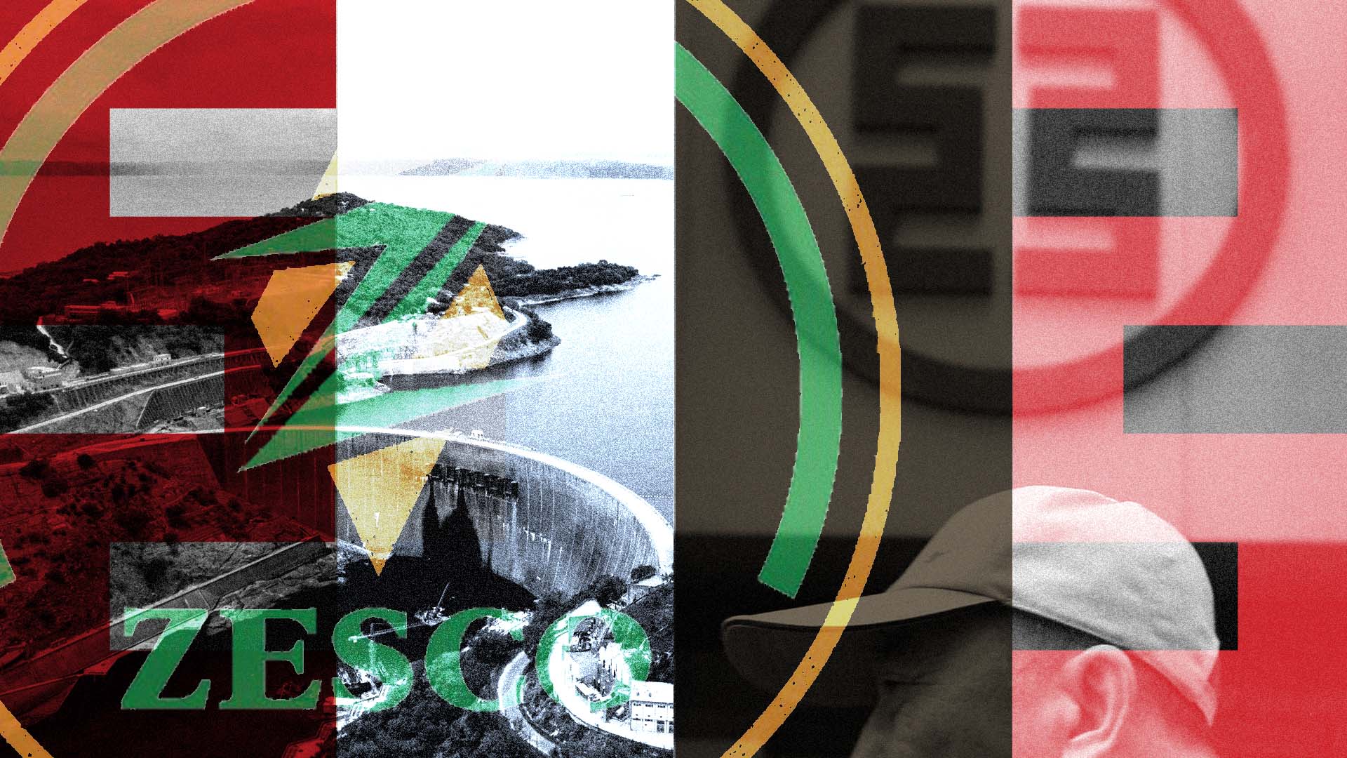 Photo illustration showing a hydroelectric dam in Zambia, a man walking in front of an ICBC logo, and a Zesco logo overlaid over the top