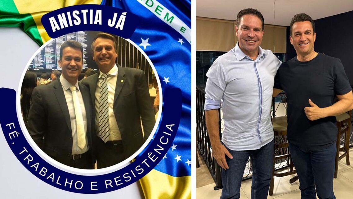 Two images from Instagram, the first showing Rodrigo Cataratas beside Jair Bolsonaro with a border reading Anistia Ja, and the second showing Rodrigo beside Alexandre Ramagem.